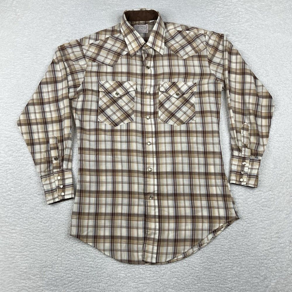 Vintage‎ H Bar C Shirt Mens 15 32 Brown Plaid Pearl Snap 60s Western Made In USA